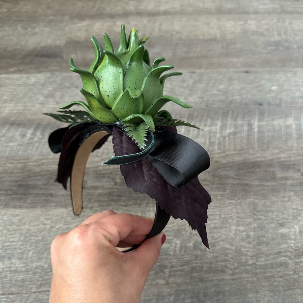 Handmade Designer Fascinator Headband Black Green Purple Thistle Artichoke Bow - Picture 9 of 16